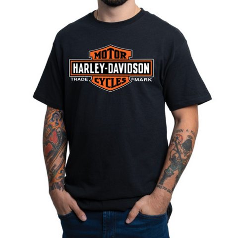 Harley-Davidson T-Shirt, Black with Elongated Bar & Shield Logo. Man has hands in pockets.