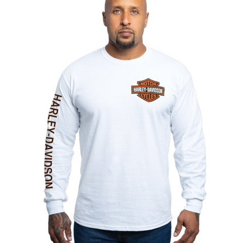 North Coast V-Twins x Harley-Davidson Men's Left Chest Logo Long Sleeve T-Shirt, White, 40290924. (front)