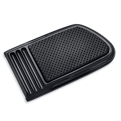 Harley-Davidson Defiance Large Brake Pedal Pad - Black Anodized - 50600185.  Show your complete disregard for the rules. Defined by sweeping curves, this complete assortment of hand and foot controls feature a rich tuxedo black finish that is the perfect complement to your sinister ride. The design incorporates a field of textured black rubber surrounded with deep longitudinal lines, and is finished with a contemporary H-D® logo.