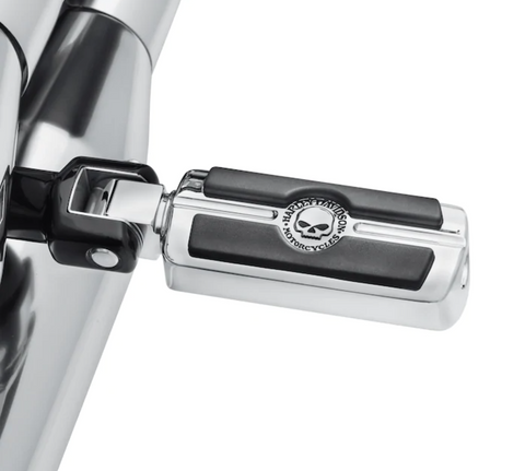 Harley-Davidson Willie G Skull Passenger Footpegs - Chrome - 50500858.  The deep black rubber pads are set against a brilliant polished and chrome-plated field to yield the dramatic appearance of the Skull Collection.