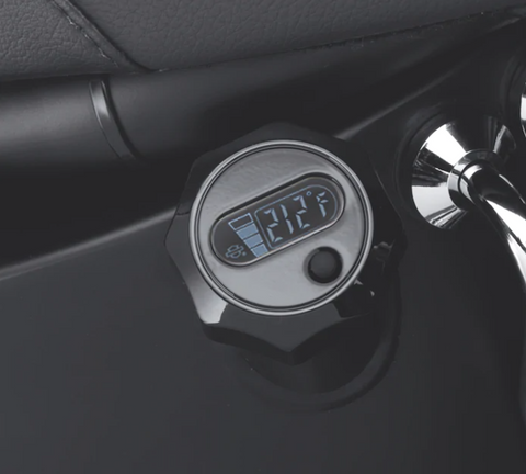 Harley-Davidson Oil Level and Temperature Dipstick with Lighted LCD Readout - Black - 63055-09A.  New and improved "capacitive" level sensing technology provides the highest degree of accuracy and durability. These dipsticks allow you to check your oil level and oil temperature with the push of a button.